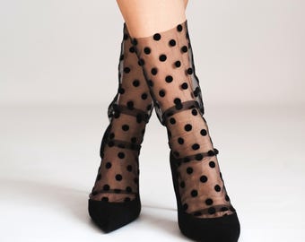 Sheer Lace Bridal Socks with Polka Dots, Black Tulle Ankle Socks, Elegant Wedding and Party Socks for Bride