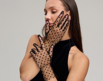 Guantes de novia de encaje negro con lunares, guantes sin dedos de tul transparente, guantes estilo burlesque vintage.