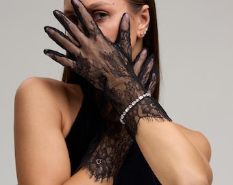 Black Lace Gloves with Eyelash Trim, Elegant Black Lace Gloves, Gothic, Vintage Gloves, Bridal Accessories, Wedding Lace Gloves
