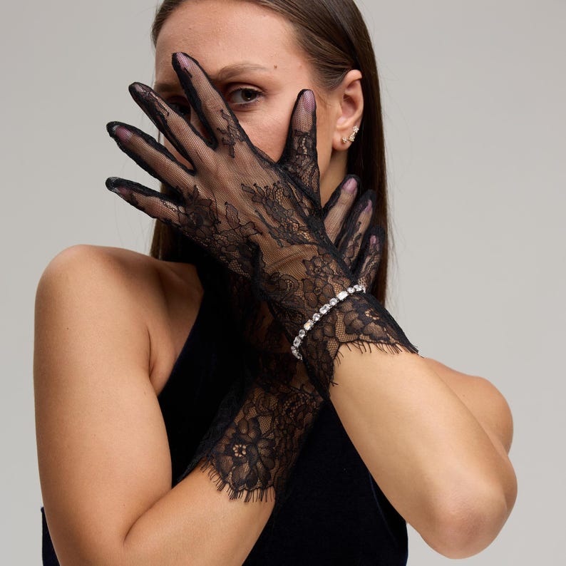 Black Lace Gloves with Eyelash Trim, Elegant Black Lace Gloves, Gothic, Vintage Gloves, Bridal Accessories, Wedding Lace Gloves image 1