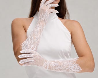 Wedding White Lace Gloves, Bridal Lace Gloves with Eyelash Trim, Vintage Gloves, Bridal Accessories, Bridal Gloves White Sheer Bridal Gloves