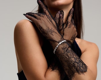 Black Lace Gloves with Eyelash, Elegant Black Lace Gloves, Gothic, Vintage Gloves, Bridal Accessories, Wedding Mesh Gloves