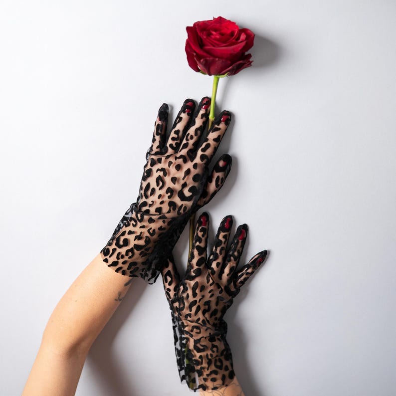 Pode incluir: Luvas pretas transparentes com estampa de leopardo segurando uma rosa vermelha com caule verde. Fundo branco. Um acess&oacute;rio elegante para eventos especiais.