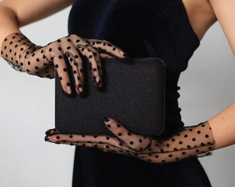 Black Lace Bridal Gloves with Polka Dots, Sheer Fingerless Tulle Gloves, Vintage Burlesque Style Gloves