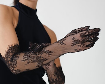 Elegant Black Lace Gloves, Wedding Black Lace Gloves with Eyelash Trim, Opera Gloves Vintage Gloves Bridal Accessories, Wedding Brown Gloves