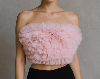 Pink Tulle Crop Top, Bridal Bustier Top, Sheer Ruffle Wedding Top, Bridesmaid Outfit