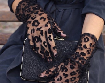 Elegant Leopard Tulle Gloves, Soft Sheer Mesh Accessories for Women, Black Lace Gloves, Gothic, Vintage Bridal Gloves, Sheer socks set