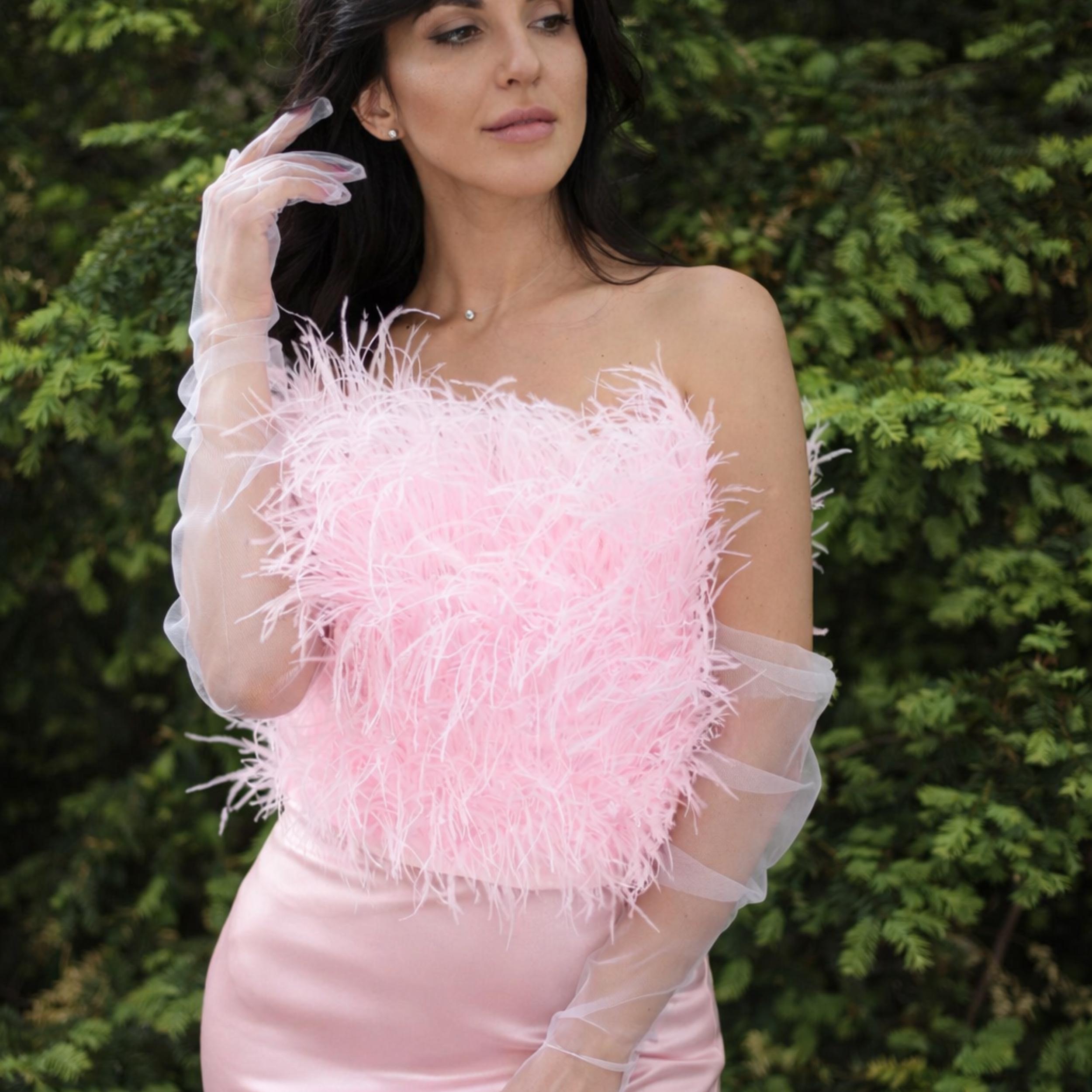 Baby Pink Ostrich Feather Top, Strapless Luxe Party Bustier