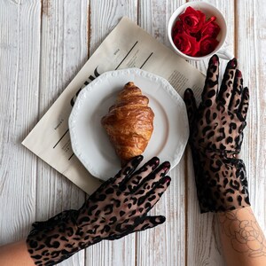 Pode incluir: Natureza morta com um croissant num prato branco, uma ch&aacute;vena de rosas vermelhas e um jornal. As m&atilde;os usam luvas pretas transparentes com estampa de leopardo. A cena &eacute; definida numa superf&iacute;cie de madeira branca.