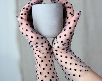 Handschoenen van zwarte tule met stippen, doorschijnende kanten bruidshandschoenen, vintage vingerloze bruiloft- en burlesquehandschoenen