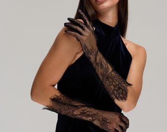 Elegant Black Lace Gloves, Wedding Black Opera Gloves with Eyelash Trim, Gothic, Vintage Gloves, Bridal Accessories, Wedding Black Gloves