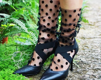 Black Sheer Polka Dot Socks, Lace Bridal Ankle Socks, Elegant Wedding Socks for Bride