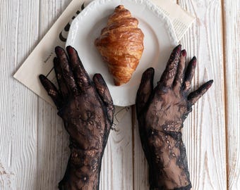 Elegant Black Lace Gloves, Wedding Black Lace Gloves, Sexy Gothic gloves, Vintage Sheer Gloves, Bridal Accessories, Wedding Black Gloves