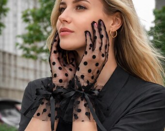 Guantes de lunares negros transparentes, elegantes guantes de noche de malla con volantes, guantes de tul vintage para mujer, guantes formales de ópera, accesorio de novia