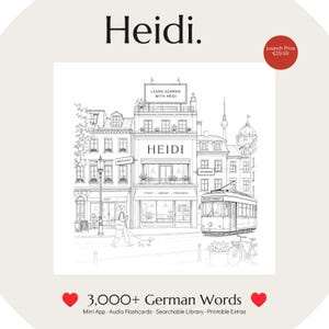 Könnte beinhalten: Schwarz-Weiß-Zeichnung einer europäischen Stadtszene mit dem Namen "Heidi". Das Bild zeigt eine Straßenbahn, Gebäude und den Text "Learn German with Heidi" und "3,000+ German Words".
