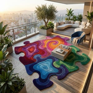 May include: A large, multi-colored area rug shaped like a puzzle piece, featuring concentric, topographical-style patterns in shades of red, orange, yellow, blue, purple, and green, placed on a wooden balcony floor with a city skyline view.