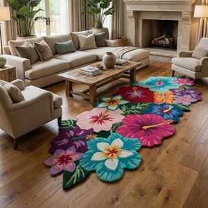 Hand Tufted Tropical Floral Rug | Colorful Hibiscus Flower Design | Irregular Shaped Botanical Wool Carpet