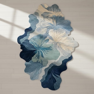 Hand getufteter unregelmäßig geformter Teppich | Abstrakt Blau Floral Ozean Teppich Gewellte Kante Moderne Akzent Matte | Küsten Wohnkultur | Eigenes Flächenstück