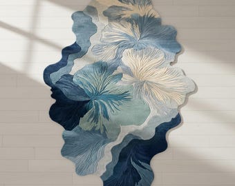 Hand Tufted Irregular Shaped Rug | Abstract Blue Floral Ocean Carpet | Wavy Edge Modern Accent Mat | Coastal Home Decor | Custom Area Piece