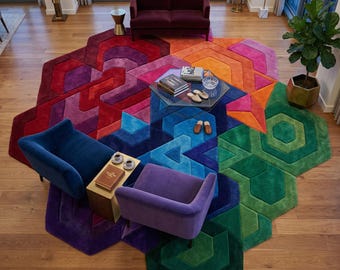 Hand-Tufted Geometric Rug | 3D Carved Abstract Floor Decor, Living Room Art