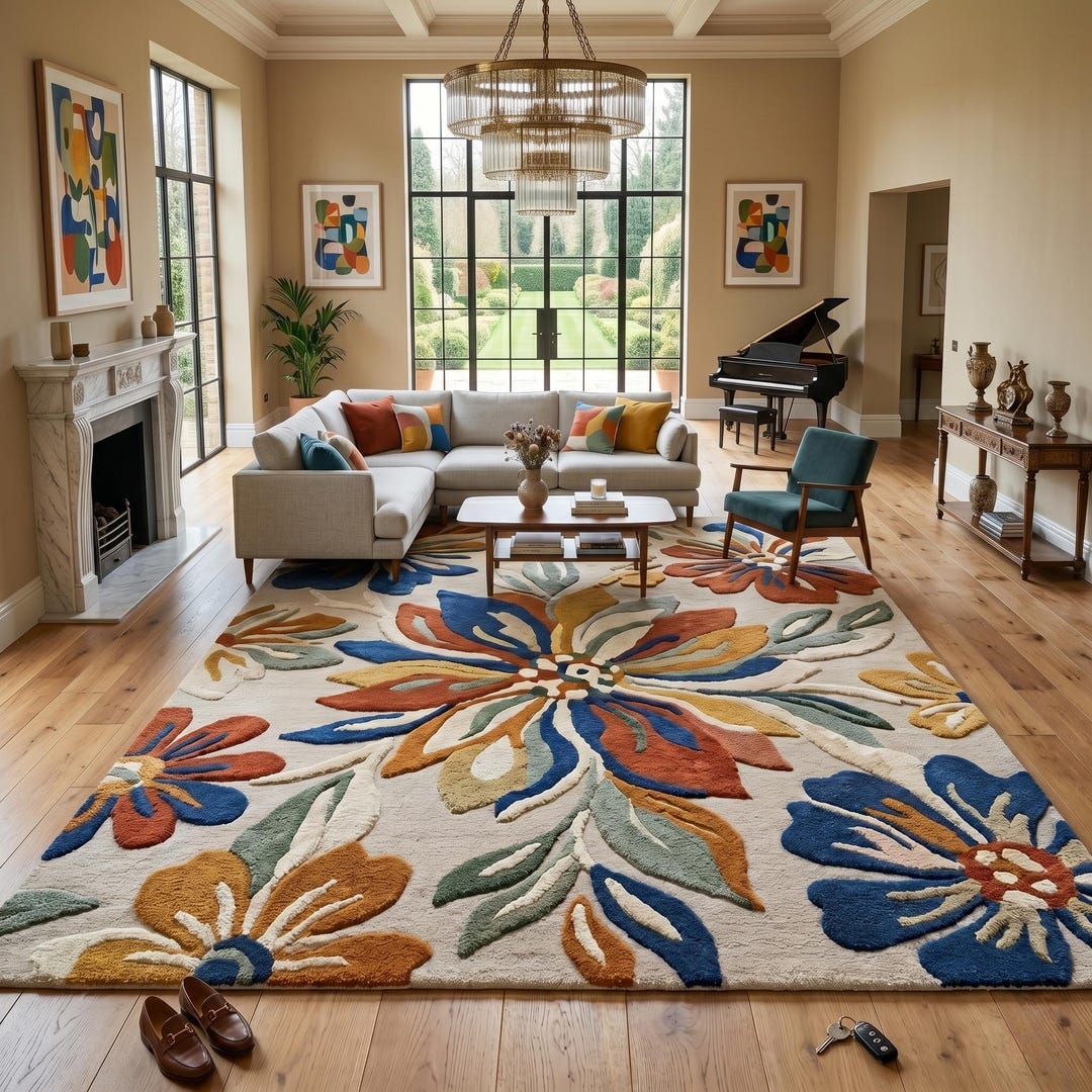 Hand Tufted Wool Rug | Abstract Floral Boho Living Room Carpet - Etsy