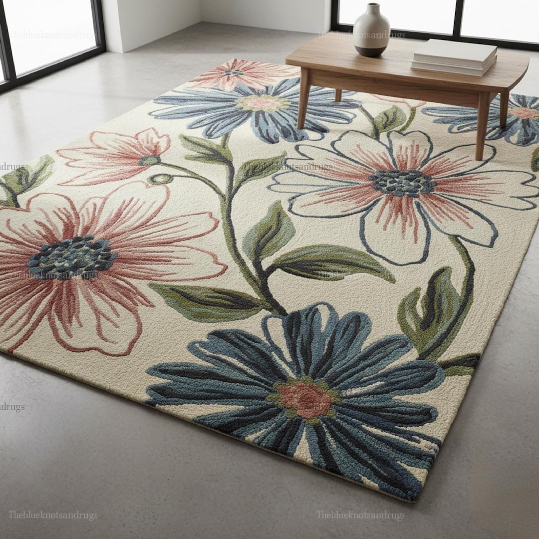 Hand Tufted Floral Wool Rug | Modern Botanical Area Rug | Large Daisy ...