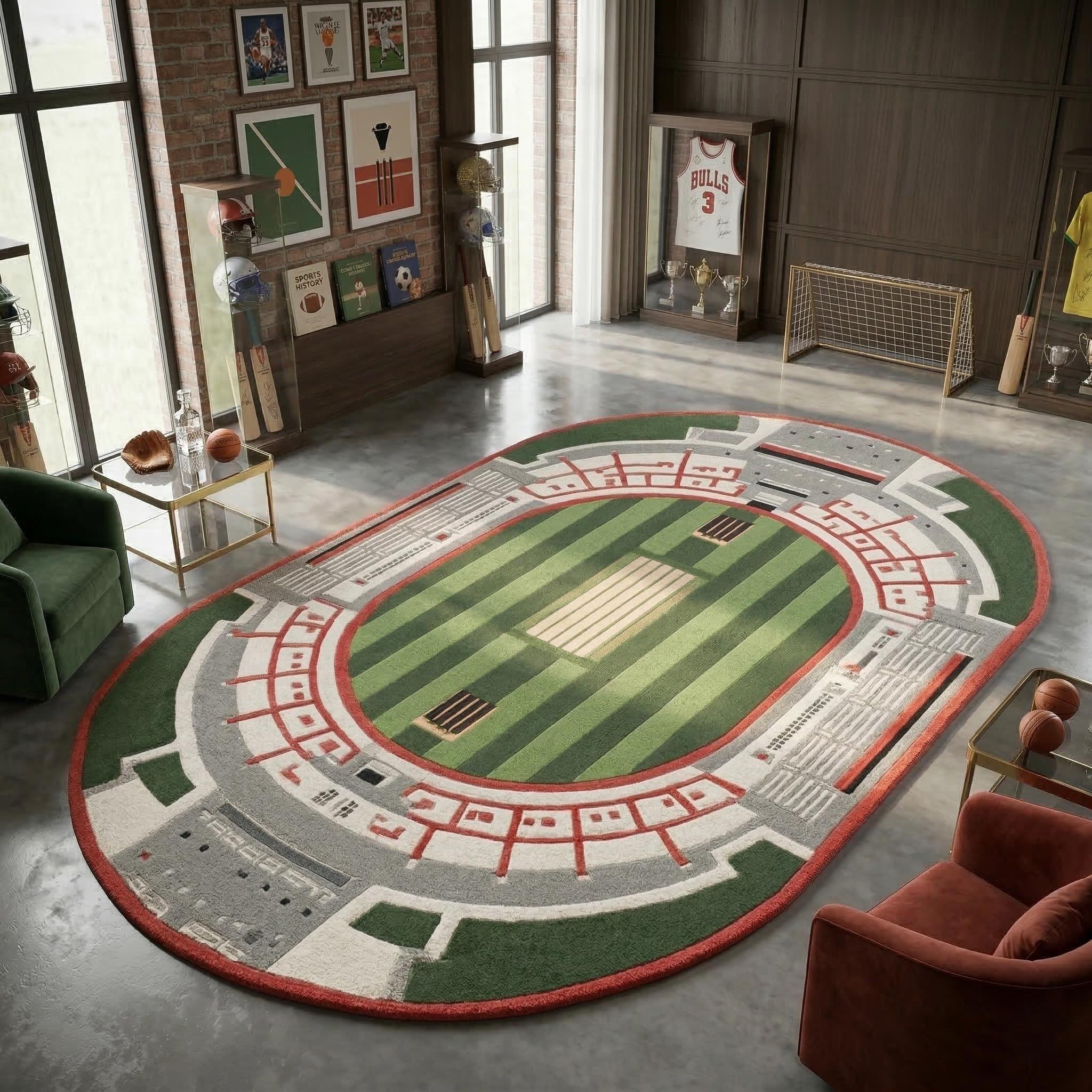 Hand Tufted Cricket Stadium Wool Rug – Oval Sports Floor Mat, Office ...