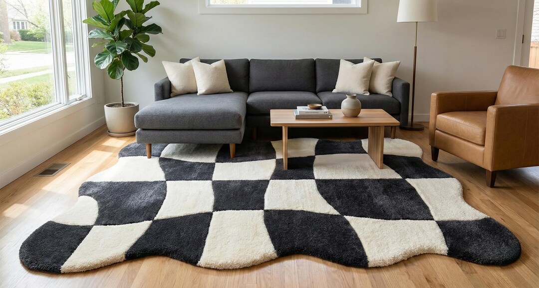 Wavy Checker Pattern Rug Wavy Checkered Rug – Black & Off-white Hand Tufted Wool Area Carpet - Etsy