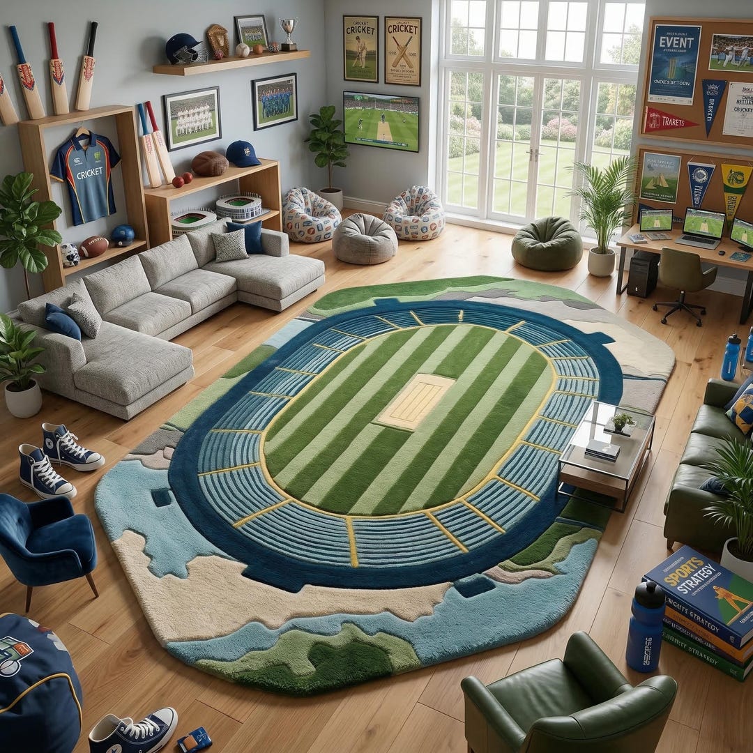 Hand Tufted Cricket Stadium Wool Rug | Realistic Pitch Carpet for ...