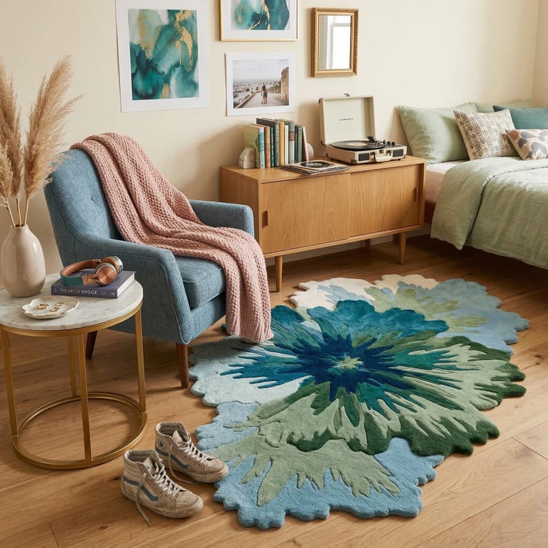 Hand Tufted Wool Splash Rug Abstract Floral Shape Blue Green Sculptural Carpet Organic Modern Art Floor Decor Living Room Accent