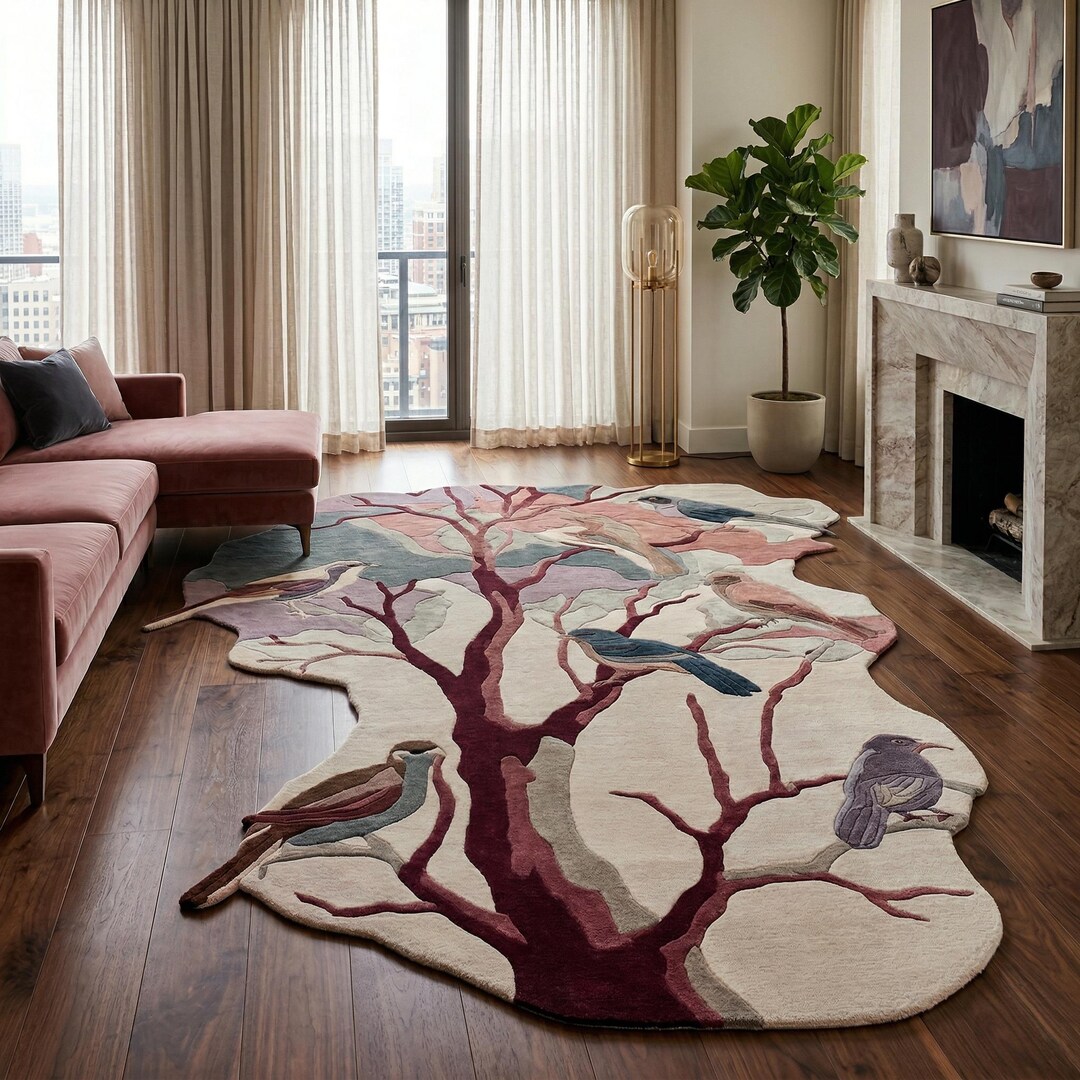 Tree Designed Rugs Hand Tufted Wool Rug, Botanical Bird Tree Art Carpet, Nature Inspired ...
