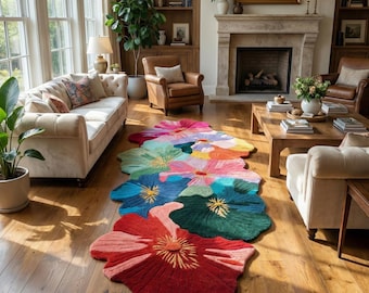 Floral area rug | wool hand Tufted | Colorful Minimalist Decor | Boho Chic Carpet