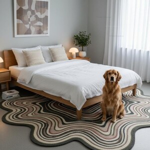 Wavy Pattern Rug: Wool  Beige Hand Tufted Organic Shape Scandinavian Carpet