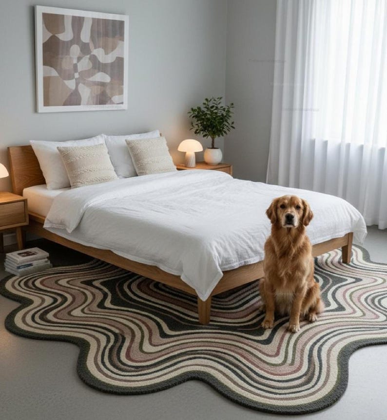 Wavy Pattern Rug: Wool  Beige Hand Tufted Organic Shape Scandinavian Carpet