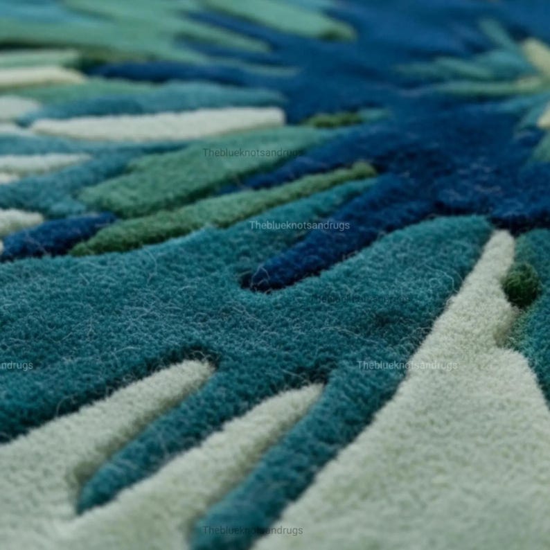 Hand Tufted Wool Splash Rug Abstract Floral Shape Blue Green Sculptural Carpet Organic Modern Art Floor Decor Living Room Accent