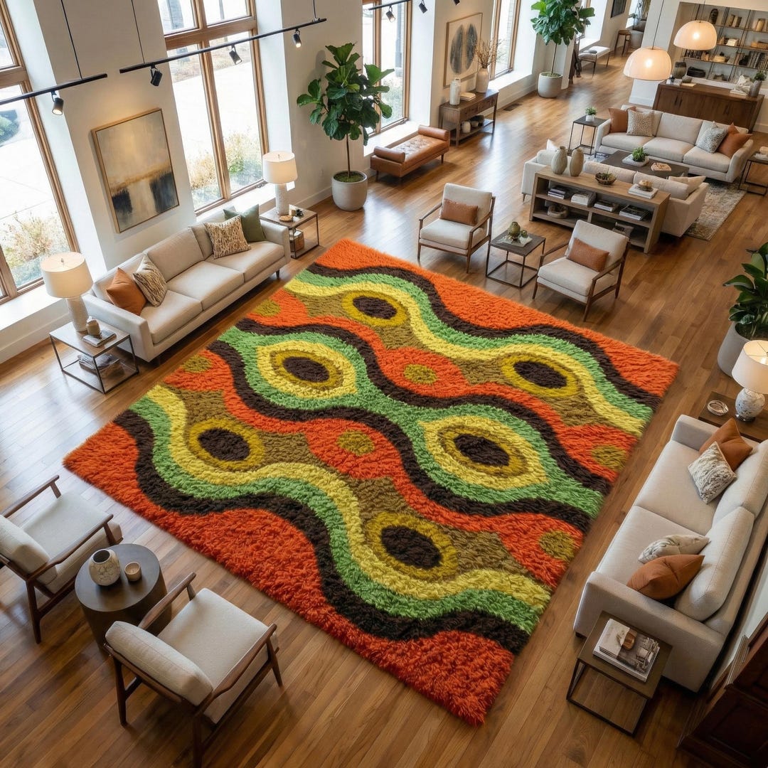 Retro 70s Wavy Tufted Area Rug | Psychedelic Orange Green Shag Carpet ...