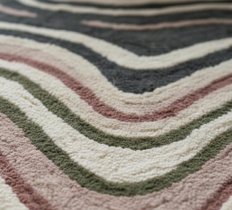 Wavy Pattern Rug: Wool  Beige Hand Tufted Organic Shape Scandinavian Carpet