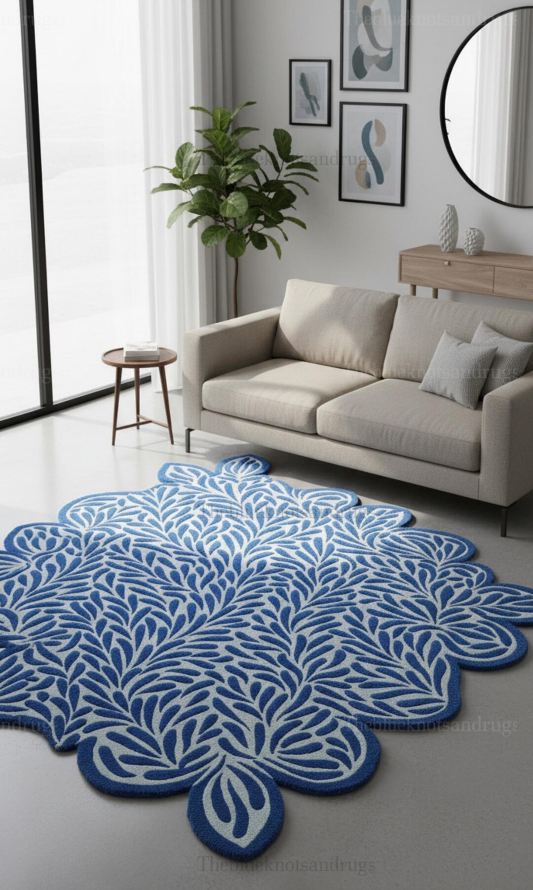 Botanical Area Rug Wool Blue: Hand Tufted Abstract Irregular Shape - Etsy