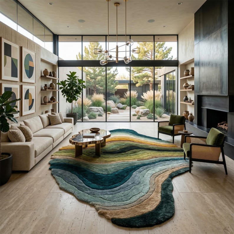 Hand-tufted Abstract Topographic Rug: Organic Earthy Carpet With Blue ...