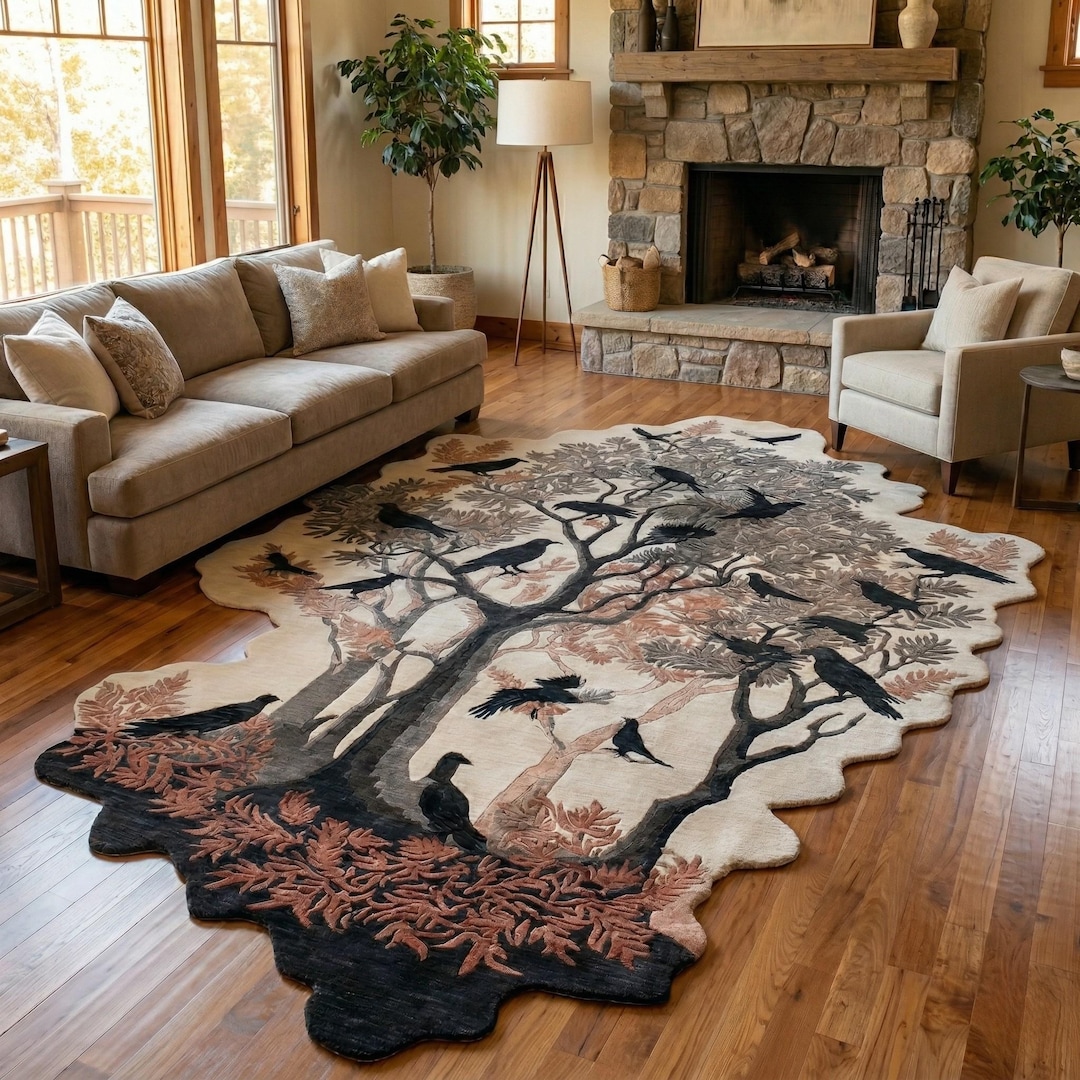 Tree Rug Modern Hand Tufted Tree Life Rug Birds Nature Inspired Wool Area Carpet Rustic ...