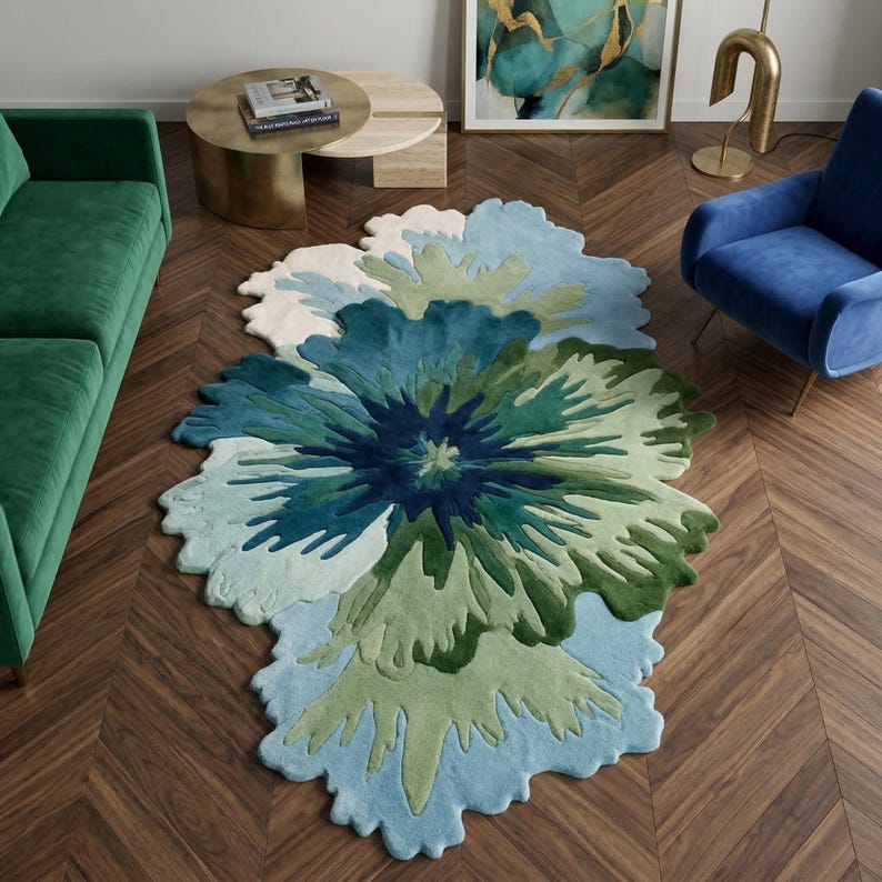 Hand Tufted Wool Splash Rug Abstract Floral Shape Blue Green Sculptural Carpet Organic Modern Art Floor Decor Living Room Accent