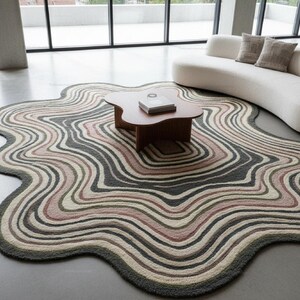 Wavy Pattern Rug: Wool  Beige Hand Tufted Organic Shape Scandinavian Carpet