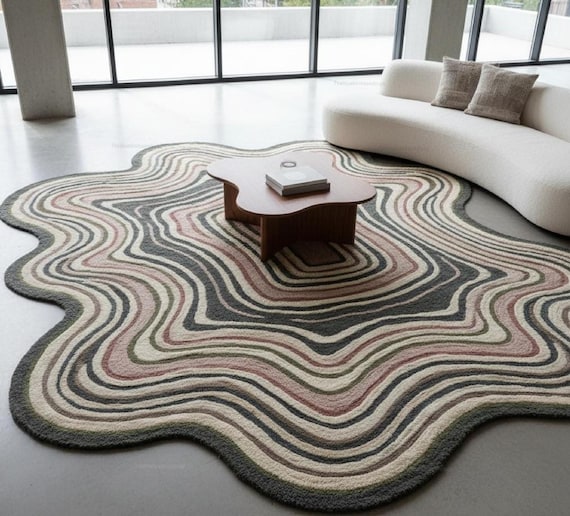 Wavy Pattern Rug: Wool  Beige Hand Tufted Organic Shape Scandinavian Carpet