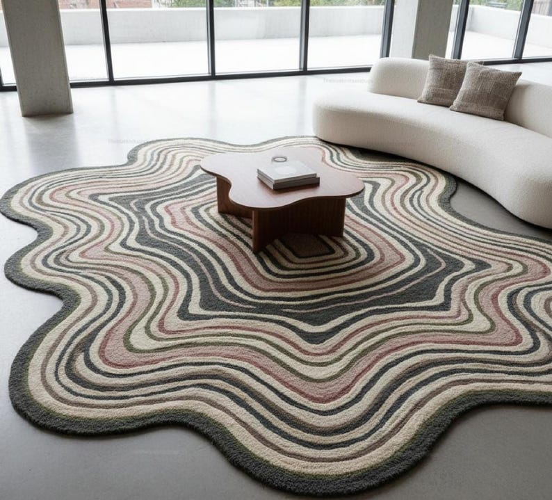 Wavy Pattern Rug: Wool  Beige Hand Tufted Organic Shape Scandinavian Carpet