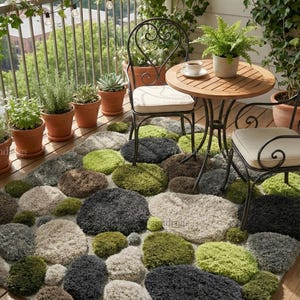 Modern hand-tufted beige wool rug with pebble pattern on balcony; 3D textured abstract carpet in gray, black, moss green.