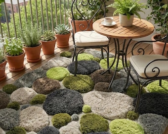 Modern Geometric Moss Stone Rug: 3D Textured 8x10 Wool Earthy Decor