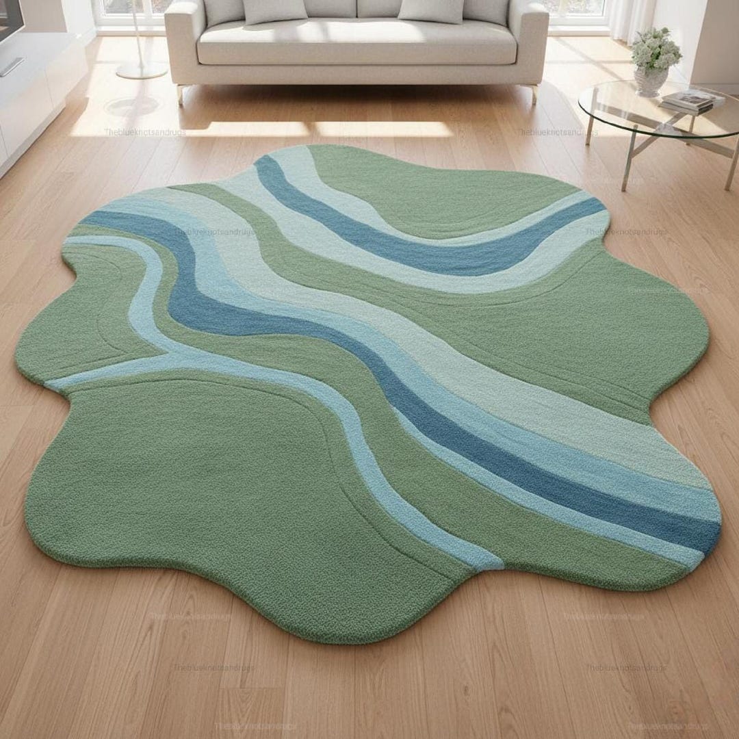 Green Blue Rug Hand Tufted Wool: River Wave Irregular Shape - Etsy