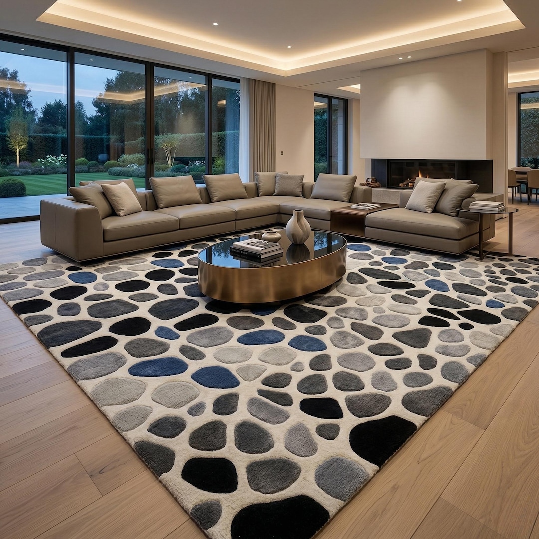 Hand Tufted Pebble Stone Wool Rug | Navy Blue Grey Ivory Mosaic Area ...