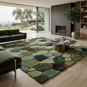 Hand Tufted Moss Pebble Rug, Green Abstract Stone Area Carpet, Nature Inspired Living Room