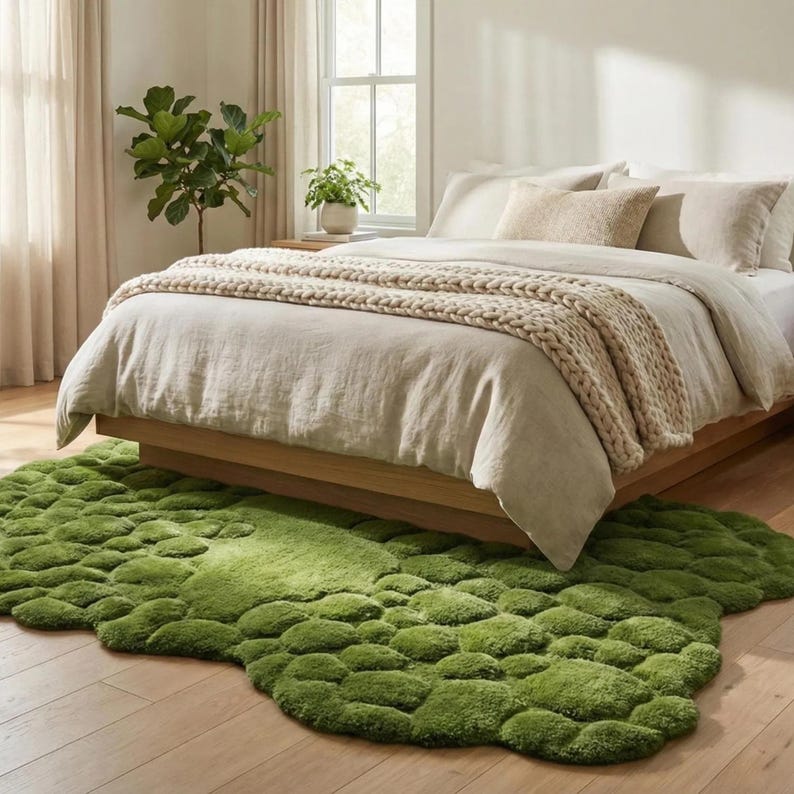 Hand Tufted Moss Rug Green Abstract Nature Inspired Textured Floor Art ...